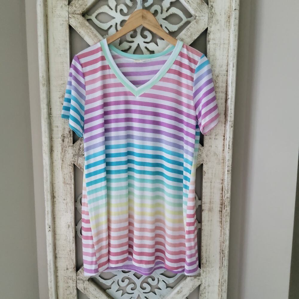 Perfect Peach Medium Short Sleeve T-Shirt Tee Longer Length Colorful Stripe